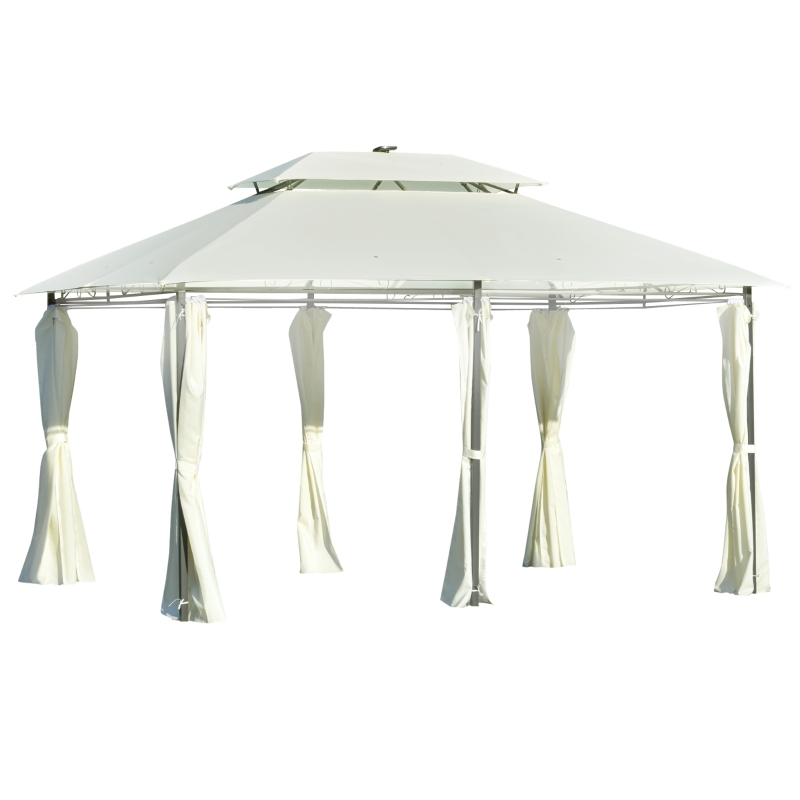 Outsunny Carpa de Jardín 4x3 m Cenador con Doble Techo 6 Cortinas Laterales Luz LED con Panel Solar para Patio Terraza Color Crema