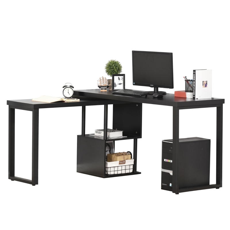 HOMCOM Mesa Escritorio en L Mesa para Computadora Giratoria 360 Grados Múltiples Formas con Estante en S de 2 Niveles Gran Espacio 220x55x76 cm Negro