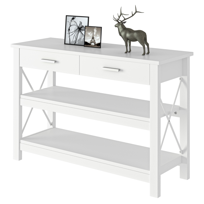 HOMCOM Mesa Consola Mesa de Recibidor Entrada con 2 Cajones y Estantes Inferiores Estilo Moderno Marco Metálico 105x40x76 cm Blanco