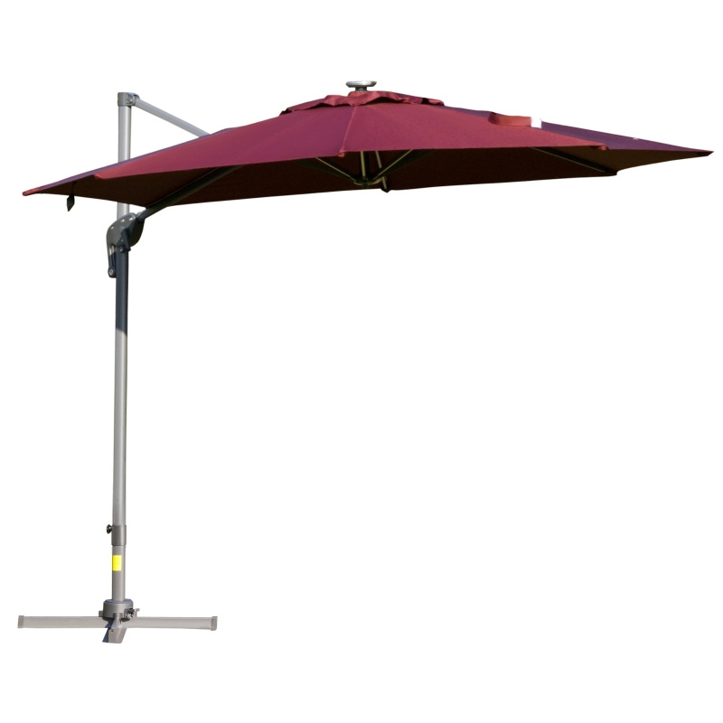 Outsunny Sombrilla de 300 cm de Aluminio Luces LED Protección UV 50+ Giratorio 360° con Manivela Panel Solar Techo Reclinable Base Cruzada Rojo
