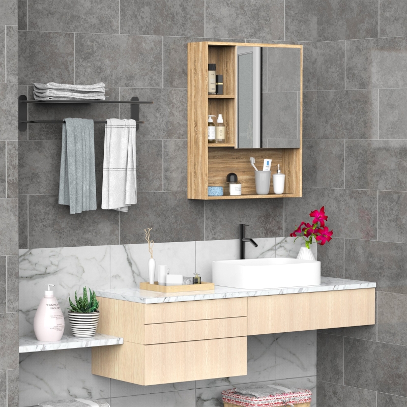 kleankin Armario con Espejo Armario de Baño Montado en Pared con Estante Ajustable en Altura Espacio Interno Estantes Abiertos 60x15x76 cm