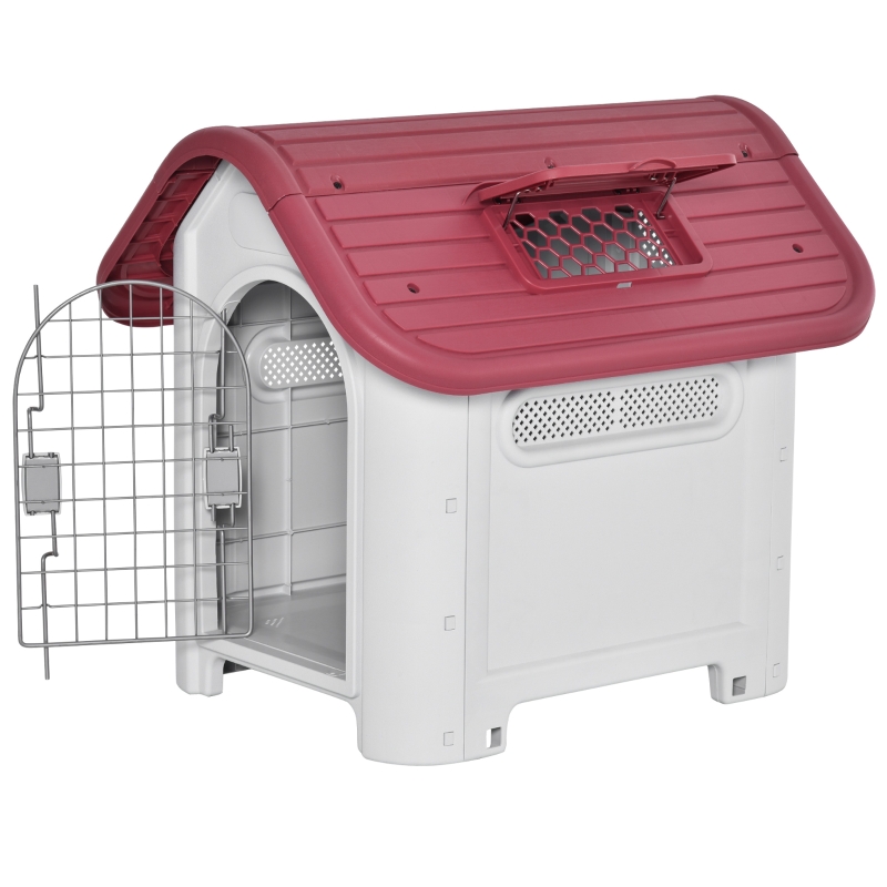 PawHut Caseta para Perro con Puerta Extraíble Base Elevada 3 Respiraderos y Ventana Abrible Caseta de Perros para Interior y Exterior 59x75x66 cm Gris Rojo