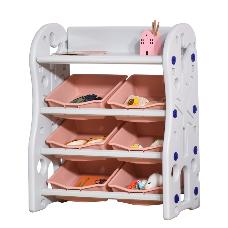 HOMCOM Estantería Infantil de Juguetes Organizador Almacenaje de Niños con 6 Cajas y Estante para Sala de Juegos Guardería Libros 76x36x92 cm Coral y Blanco