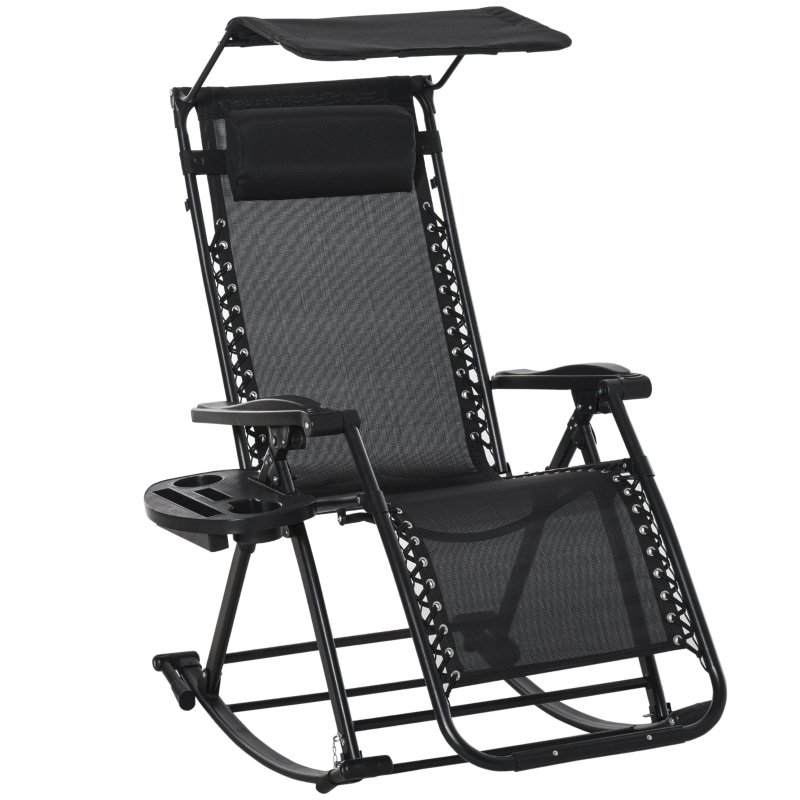 Outsunny Silla Mecedora de Jardín Plegable Tumbona Reclinable con Techo Protección Solar Reposacabezas Extraíble y Reposapiés Estructura de Acero 120x67x102 cm Negro