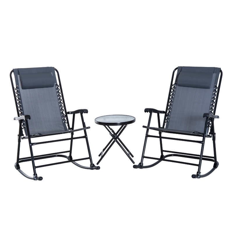 Outsunny Set de Muebles de Jardín Mesa Redonda Ø46x49 cm y 2 Sillas Mecedoras 68x90x106 cm Plegables con Bloqueo para Exterior Patio Gris