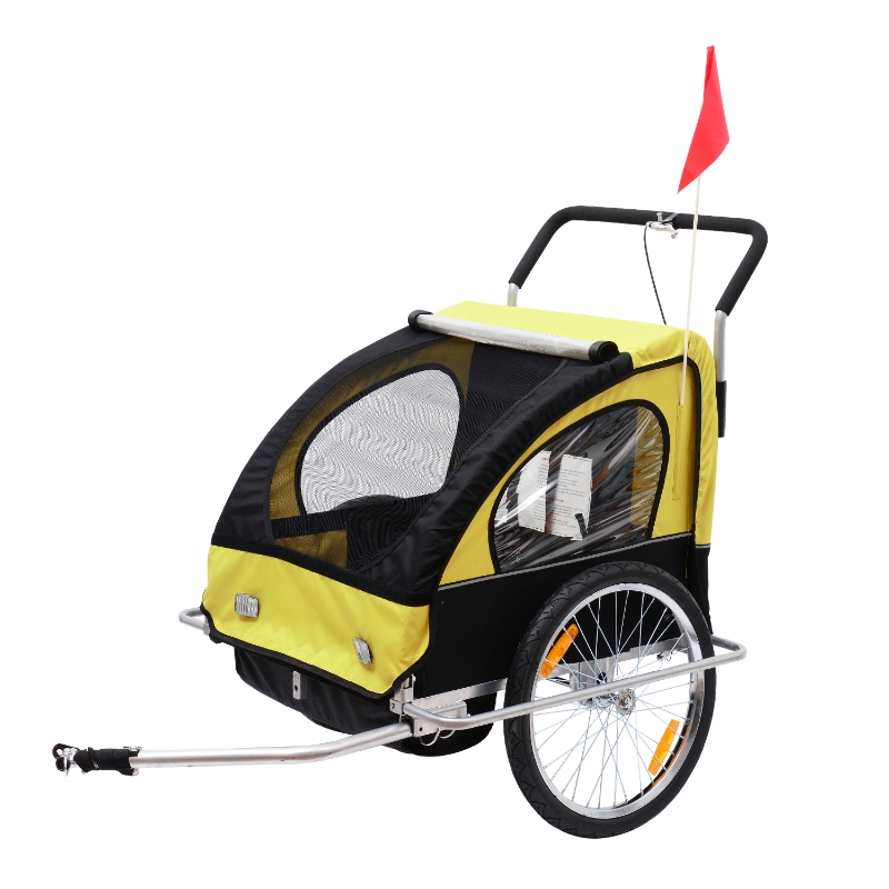 HOMCOM 2 en 1 Remolque de Bicicleta para Niños de 2 Plazas con Amortiguadores Convertible en Carro para Correr con Barra y Kit de Footing 129x85x105cm amarillo y negro