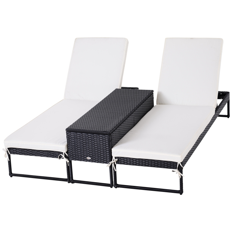 Outsunny Conjunto de 2 Tumbonas de Jardín con Cojines Acolchados Ratán con Mesa Auxiliar Carga 160kg 195x60x86 cm