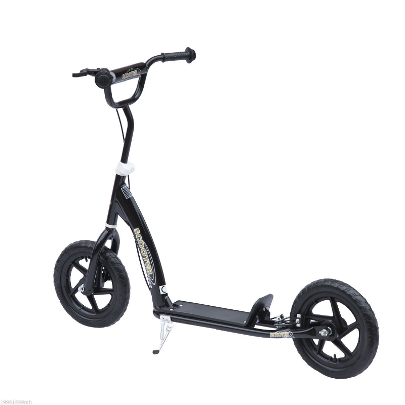 HOMCOM Patinete Scooter 2 Ruedas 12 Pulgadas Monopatín para Niños y Adultos Manillar Ajustable con Freno y Caballete Carga 100kg 120x52x75-86cm Acero Negro