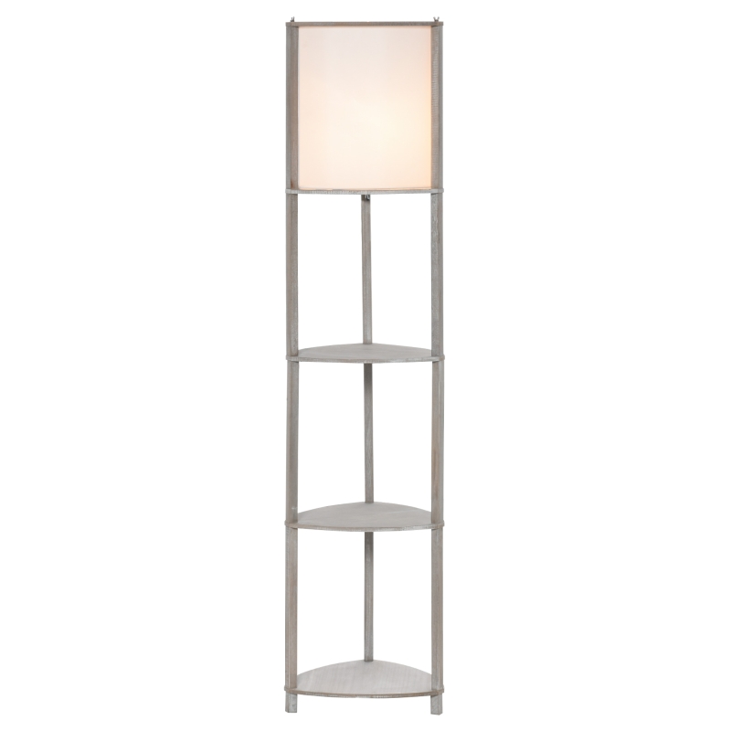 HOMCOM Lámpara de Pie de Madera con 3 Estantes Pantalla PVC Interruptor de Pie Estilo Moderno para Dormitorio Sala de Estar Salón Estudio 32x32x150 cm Roble Gris y Blanco