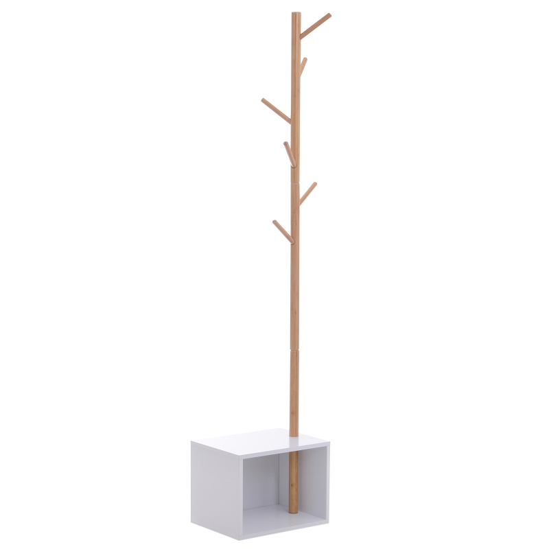 HOMCOM Perchero de Pie con Zapatero Colgador Tipo Árbol Moderno 6 Ganchos Colgador de Ropa Bolsa Banco con Almacenamiento Pasillo Entrada Bambú y MDF 40x30x180cm
