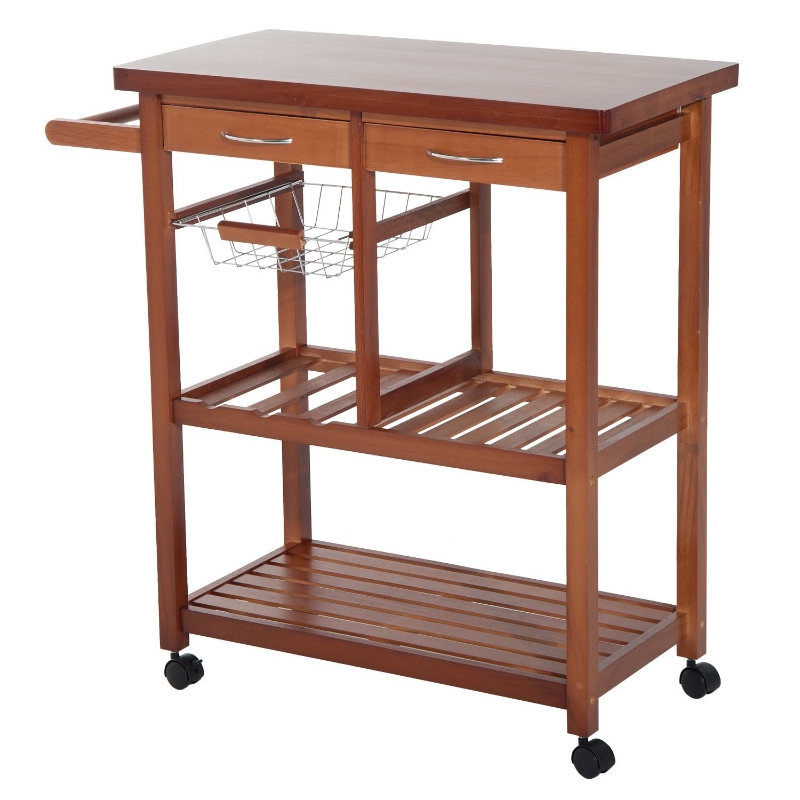 HOMCOM Carrito de Cocina Mesa Servicio Auxiliar Madera y Metal Cromado con 4 Ruedas 2 Cajones y Botellero 85x37x85 cm