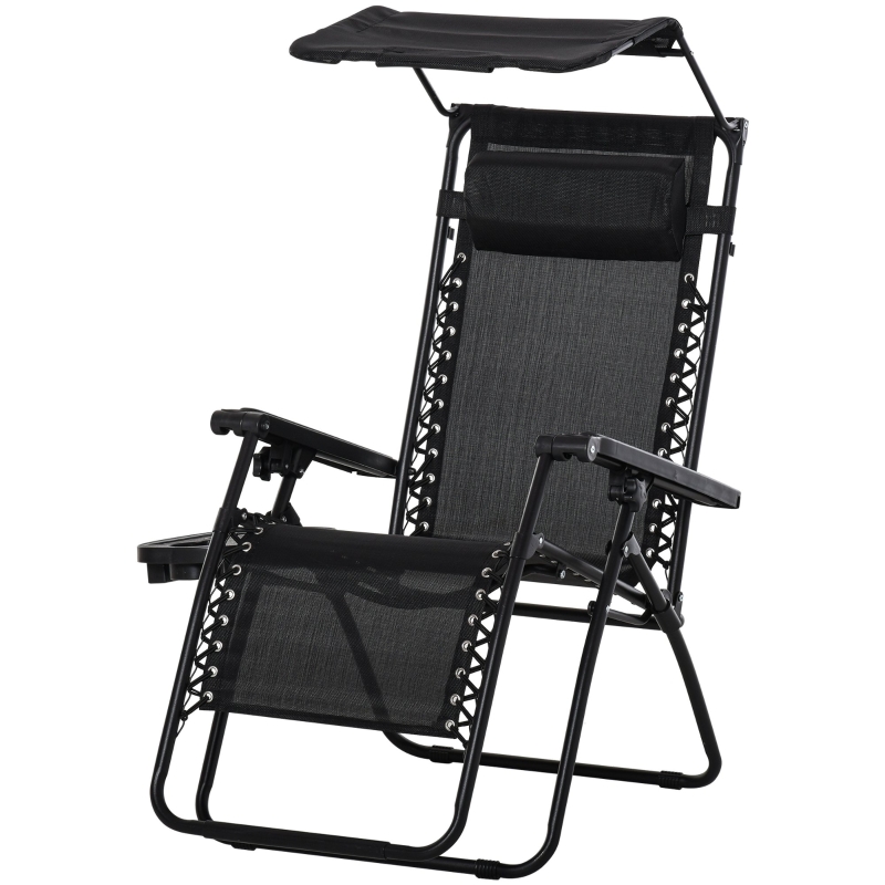 Outsunny Tumbona Plegable Silla de Gravedad Cero Reclinable con Toldo de Sombra con Bandeja Portavasos Portátil Textilene para Jardín Balcón Carga 150kg 90x67x110 cm Negro