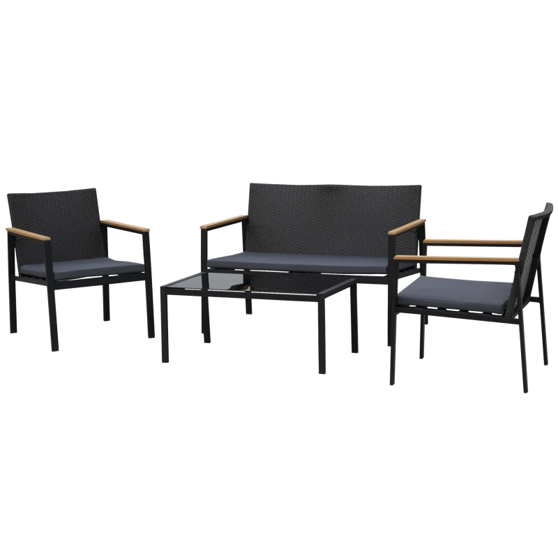 Outsunny Conjunto de Exterior Formado por 4 Piezas de Ratán Mesa de Centro Sofá y 2 Sillones en Color Negro y Gris