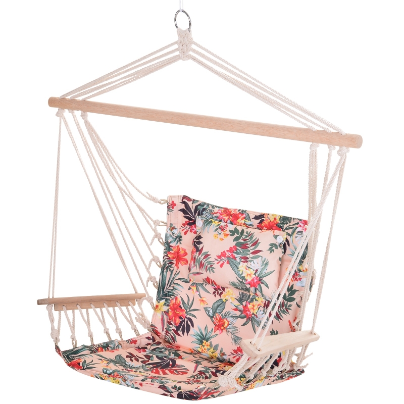 Outsunny Silla Colgante Estampado Floral Hamaca con Cojín Reposacabezas para Interior Exterior 100x106 cm Carga Máx. 105 kg