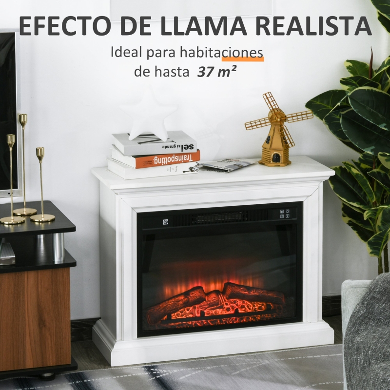HOMCOM Chimenea Eléctrica de Pared Tipo Estufa Potencia 1800W Efecto Llama LED con Control Remoto Temporizador y Termostato 79x27x62,4 cm Blanco