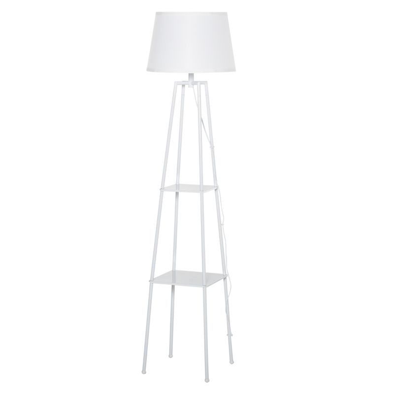 HOMCOM Lámpara de Pie Trípode de Metal Casquillo E27 de Máximo 40W con Pantalla de Lino y Estante de 2 Niveles 35,5x35,5x158 cm Blanco