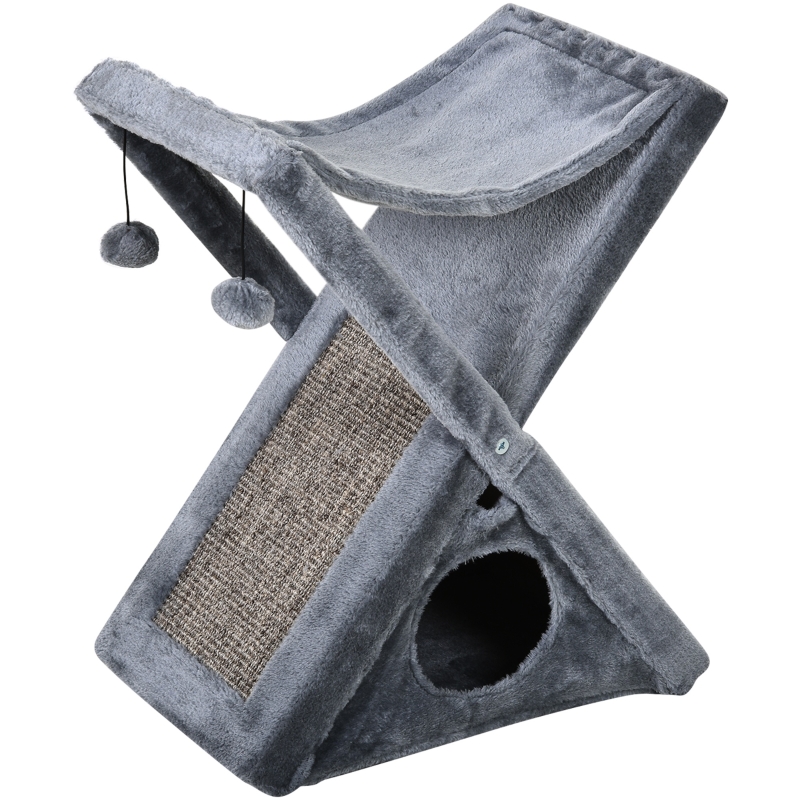 PawHut Árbol Rascador para Gatos Plegable con Cueva Hamaca Alfombrilla Rascadora de Sisal Bolas Colgantes para Espacios Reducidos Juego y Descanso 54,5x32x65 cm Gris