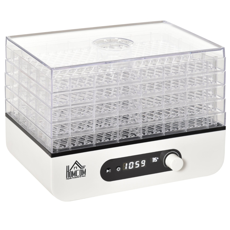 HOMCOM Deshidratador de Alimentos 400W con 5 Bandejas Pantalla LCD Temperatura Ajustable 35-70 ℃ y Temporizador de 72 Horas para Verduras Frutas Carne sin BPA 29x19x21,5 cm Blanco