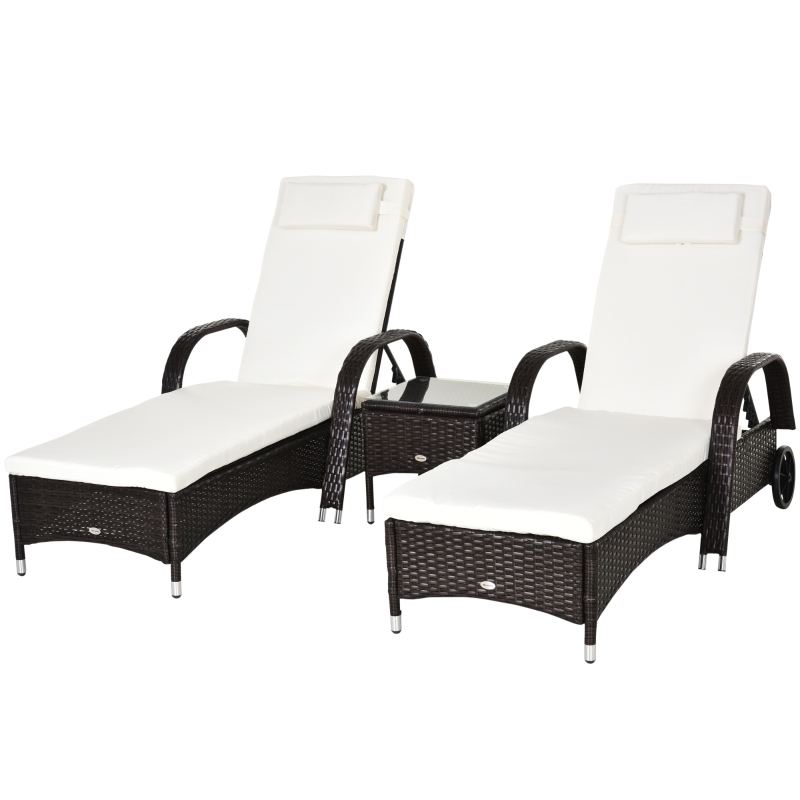 Outsunny Set de 2 Tumbonas Chaise Longue + 1 Mesa de Ratán para Jardín o Terraza Sillas con Cojín y Respaldo Ajustable a 5 Niveles - Marrón
