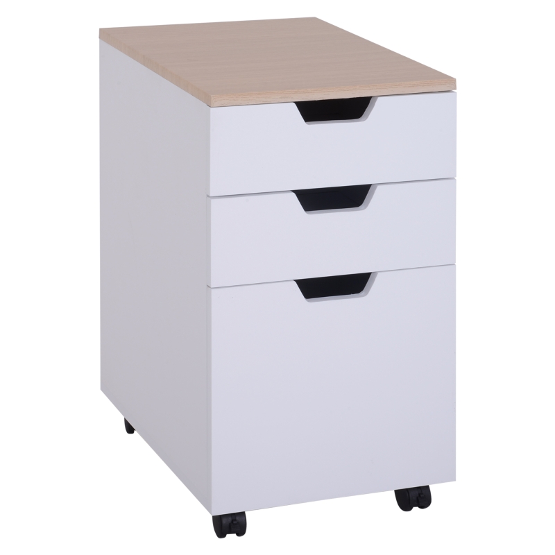 HOMCOM Armario Móvil para Oficina con 3 Cajones Ruedas Universales Freno Cajonera para Organizar Documentos 34x40x60,5 cm Blanco y Natural