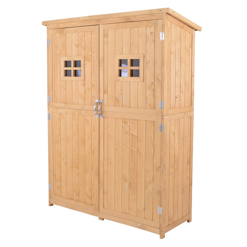 Outsunny Cobertizo de Madera Caseta Exterior Armario Herramientas de Jardinería Doble Puertas Techo Asfáltico Compartimientos de Diferentes Tamaños 127.5x50x164cm Madera Maciza