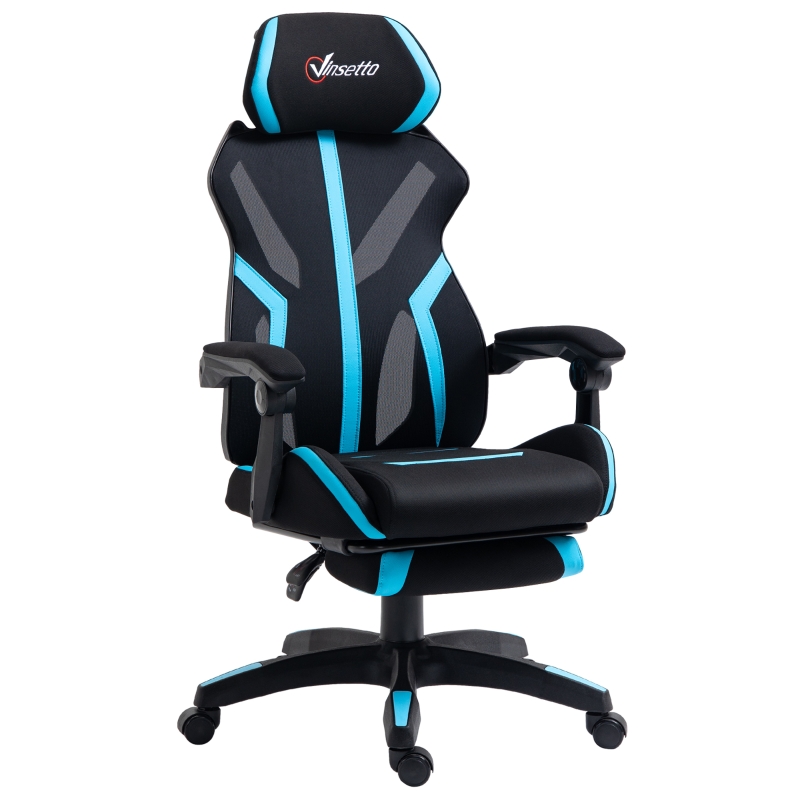 Vinsetto Silla Gaming Giratoria con Reposapiés Retráctil Silla de Oficina Reclinable con Reposacabezas y Altura Ajustable 65x65x119-129 cm Negro y Azul