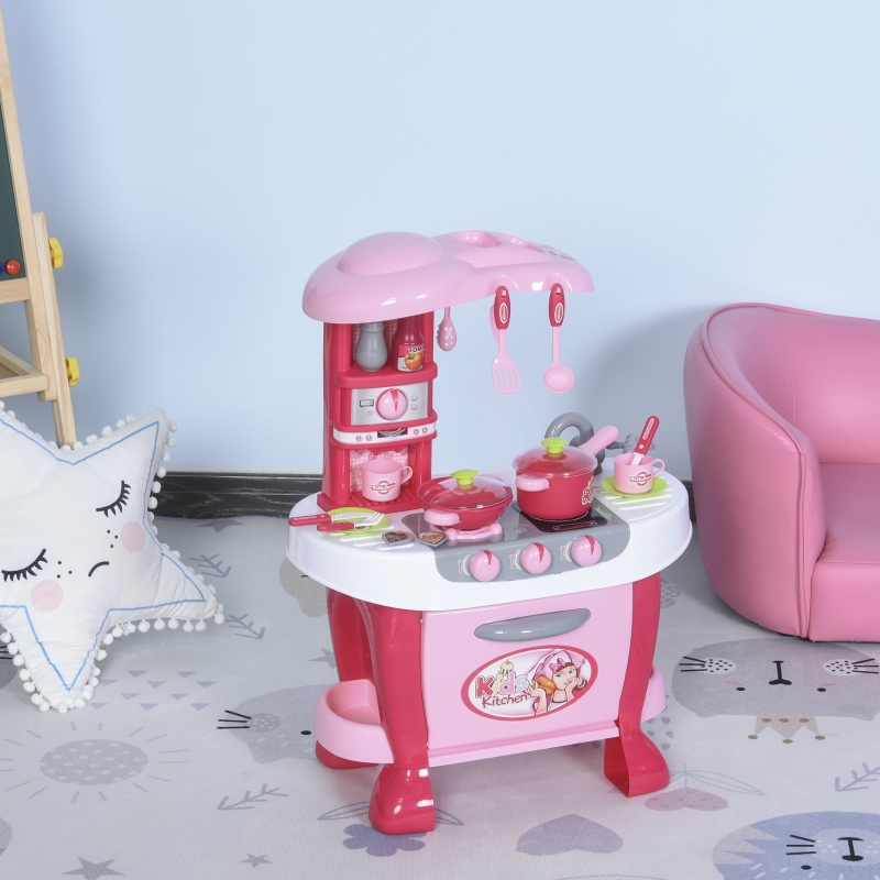 HOMCOM Cocinita de Juguete para Niños de +3 Años Juego de Cocina Infantil Incluye 38 Piezas con Efectos de Luz Sonidos Almacenaje 51x30x73 cm Rosa