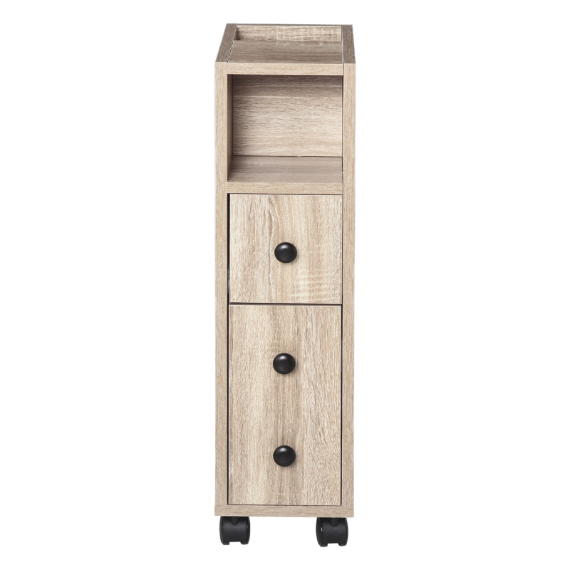 kleankin Armario de Baño Mueble para Baño Espacio Limitado con Ruedas Universales 2 Frenos Estantes Abiertos Armario Cajón 18x30x68,5 cm Madera Roble