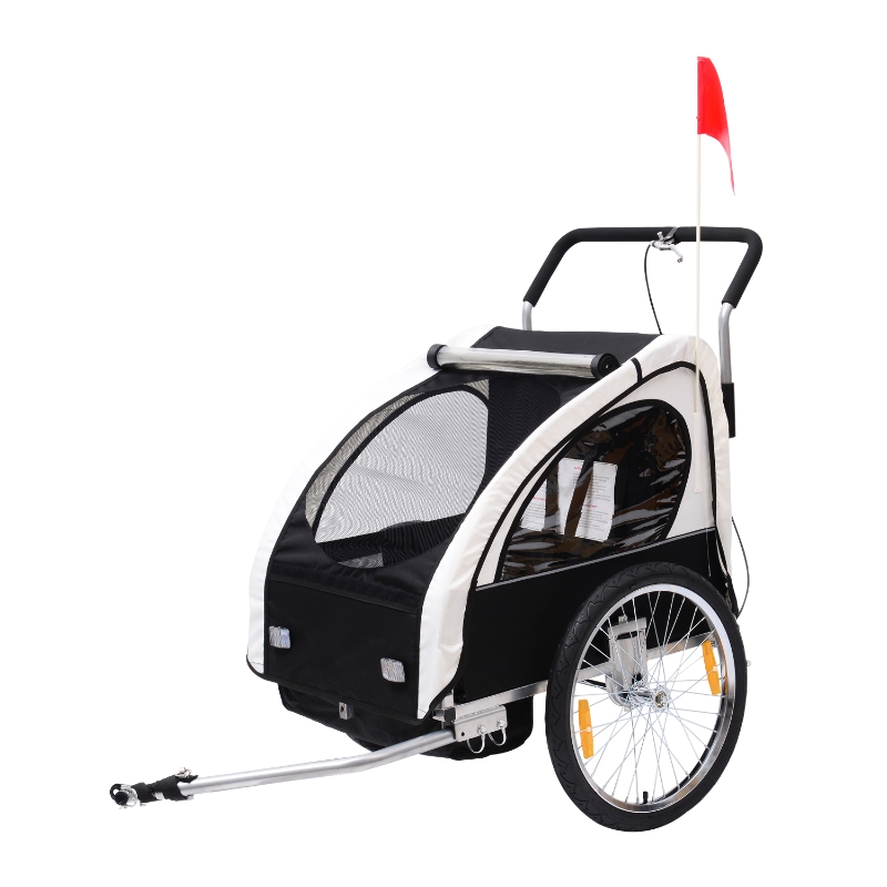 HOMCOM 2 en 1 Remolque de Bicicleta para Niños de 2 Plazas con Amortiguadores Convertible en Carro para Correr con Barra y Kit de Footing 129x85x105cm blanco y negro