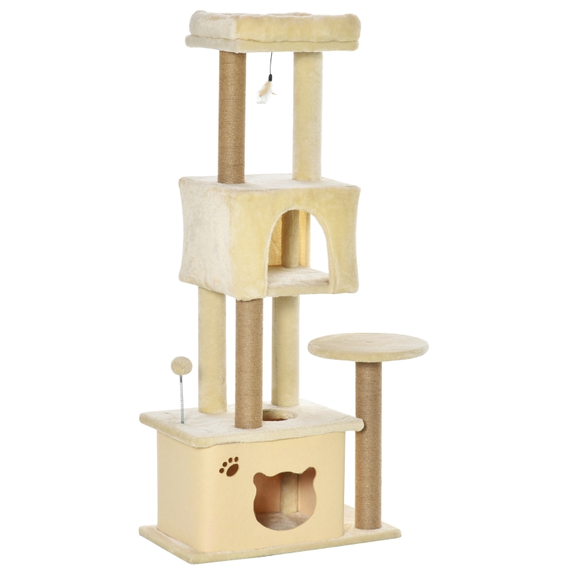 PawHut Árbol Rascador para Gatos Rascador de Gatos Barato Centro de Actividades con Plataformas Cuevas de Felpa Suave Postes para Rascar de Yute Bola Juguete Colgante 60x34x136 cm Beige