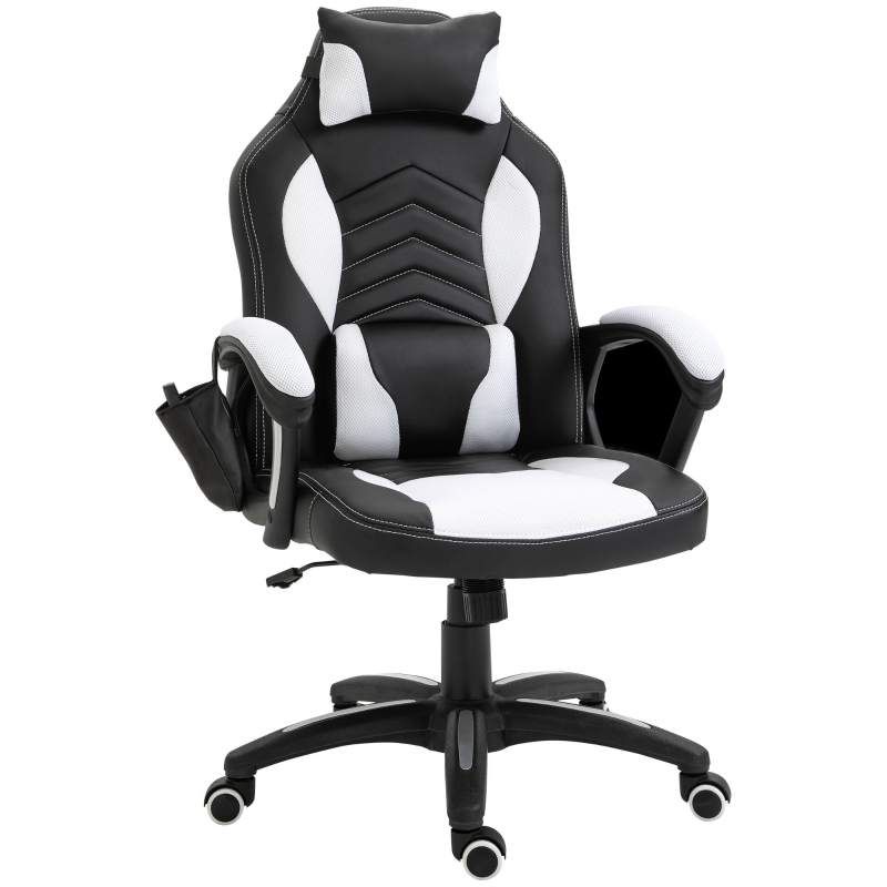 HOMCOM Gaming Silla de Oficina y Giratoria con 6 Puntos de Masaje y Calefacción tipo Sillón de Escritorio Silla Gamer para PC 68x69x108-117cm (Negro y blanco)