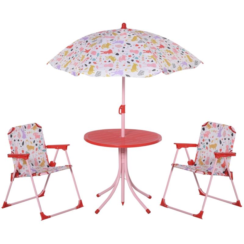 Outsunny Set Infantil de Mesa Ø50x46 cm 2 Sillas Plegables 39x38x52 cm y Sombrilla Ajustable Ø100x100-125 cm para Niños de +3 Años Jardín Exterior Rojo
