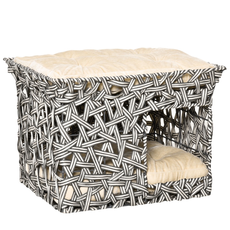 PawHut Cesta de Ratán para Gatos de 2 Pisos Cueva Cama de Gato Tipo Caseta con 2 Cojines Suaves Estructura de Metal 51x42x37 cm Gris y Beige