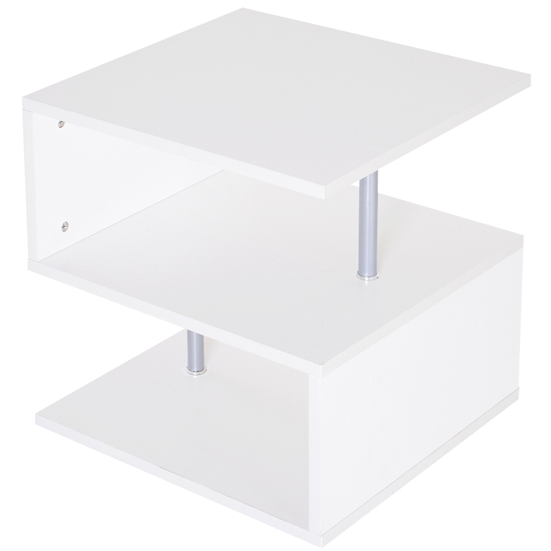 HOMCOM Mesa de Centro Café Mesa Auxiliar de Salón de Forma S con Compartimento Abierto 2 Niveles Diseño Elegante 50x50x50 cm Blanco