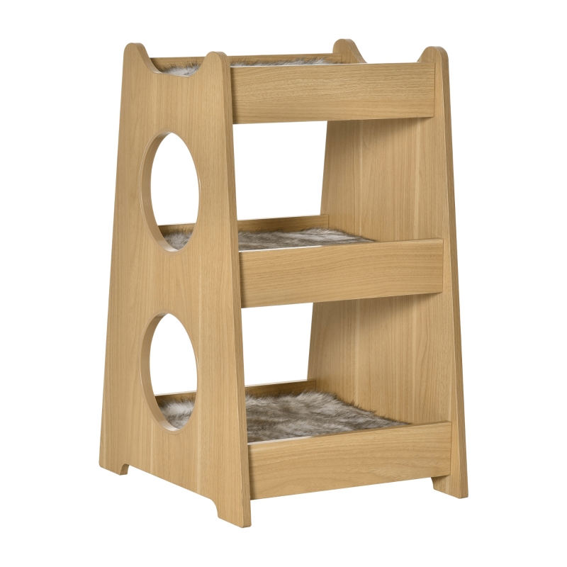 PawHut Cama para Gatos de 3 Niveles con Alfombrillas Extraíbles y Múltiples Entradas Mueble Litera para Gatitos 50x43x74 cm Color Madera Natural