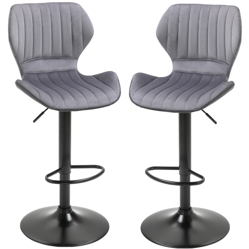 HOMCOM Juego de 2 Taburetes de Bar Taburetes Altos de Cocina Giratorio Altura Ajustable de 91,5-113,5 cm con Reposapiés y Base de Metal Ø41 cm Gris