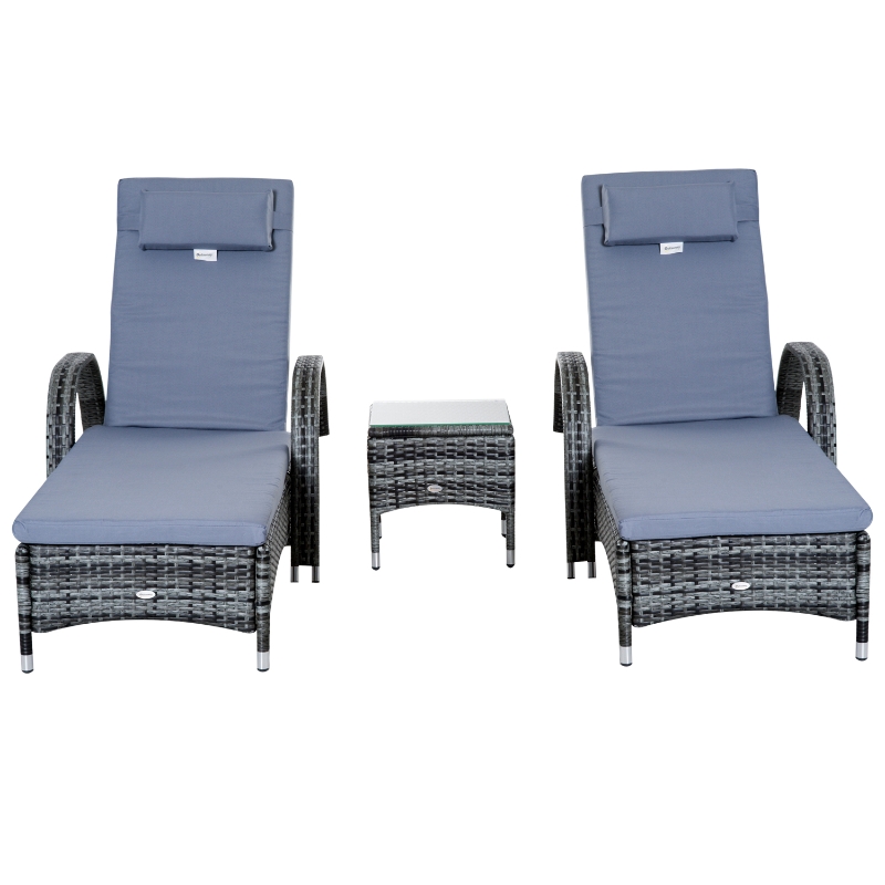 Outsunny Set de 2 Tumbonas Chaise Longue + 1 Mesa de Ratan para Jardín o Terraza Sillas con Cojín y Respaldo Ajustable a 5 Niveles (Gris)