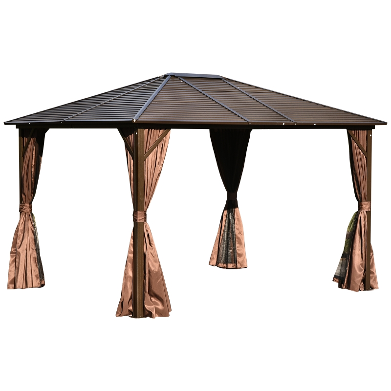 Outsunny Cenador con Techo Exterior 3x3.65x2.65 m Gazebo Pabellón al Aire Libre Carpa de Jardín con Pared Lateral y Mosquitero Marco de Hierro Color Marrón