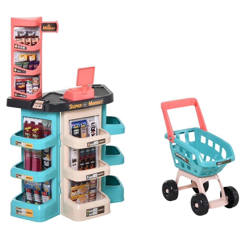 HOMCOM Set de Juguetes de Supermercado para +3 Años Juego de Imitación de 52 Piezas con Carrito de la Compra con Sonido y Luz 53x34x79cm Verde