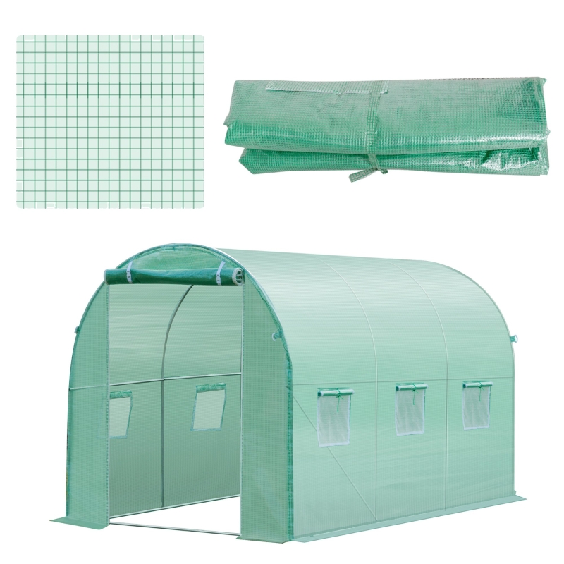 Outsunny Cubierta de Repuesto para Invernadero 300x200x200cm Tipo Túnel Carpa de Invernadero con 6 Ventanas y Puerta para Jardín Huerto Anti-UV PE Verde
