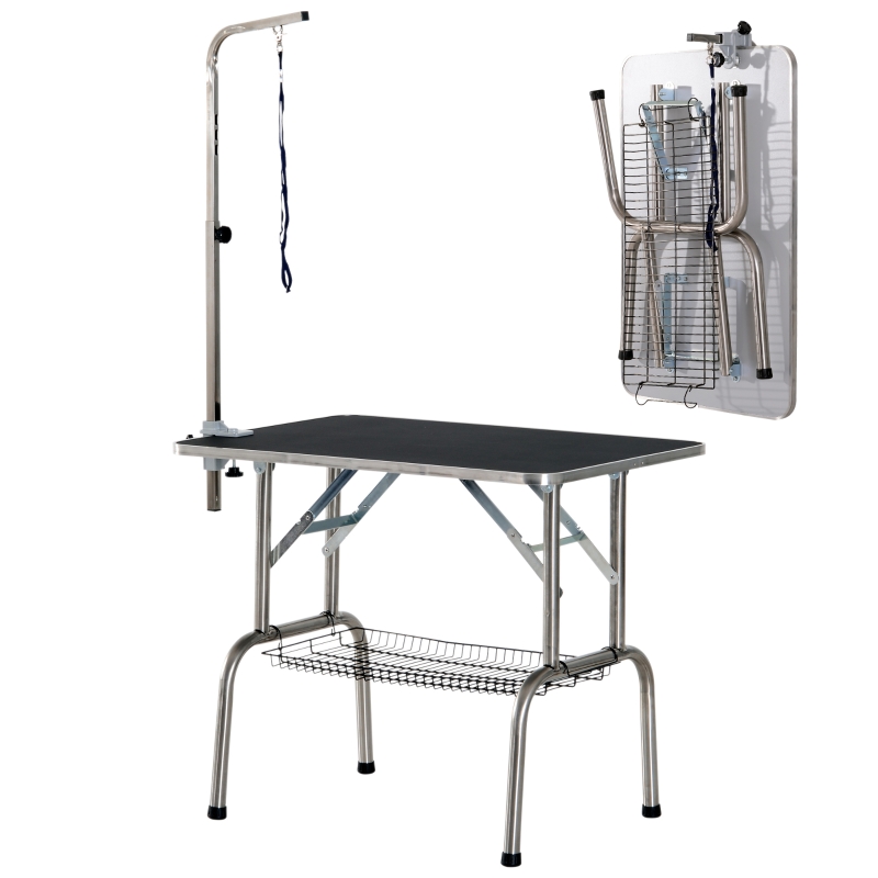 PawHut Mesa de Peluquería para Mascotas Mesa de Aseo Plegable con Patas de Acero Inoxidable Estable Aguilón Ajustable Estante de Almacenaje Carga 150 kg 90x60x75 cm Negro