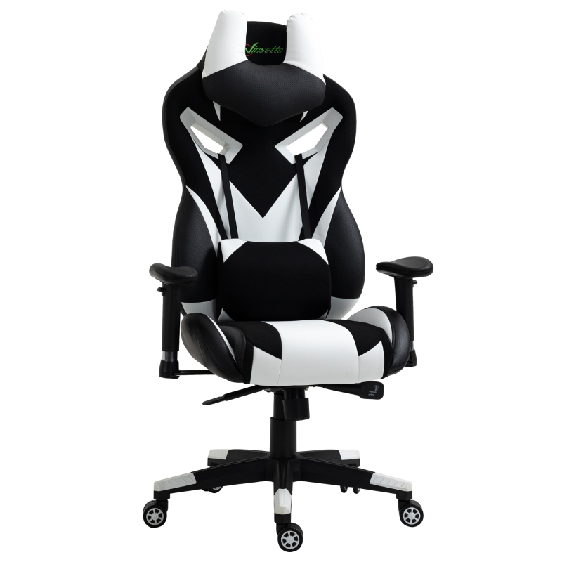 Vinsetto Silla Gaming Ergonómica Silla de Juegos Giratoria con Altura Ajustable Reposabrazos Regulable Reposacabezas y Cojín Lumbar Extraíbles 70x71x125-133 cm Blanco
