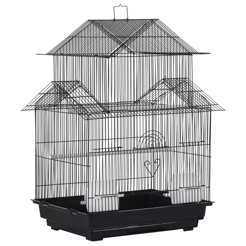 PawHut Jaula para Pájaros de Metal Pajarera con Bandeja Extraíble para Canarios 2 Comederos y Perchas Pinzones Periquitos 51x40x67 cm Negro