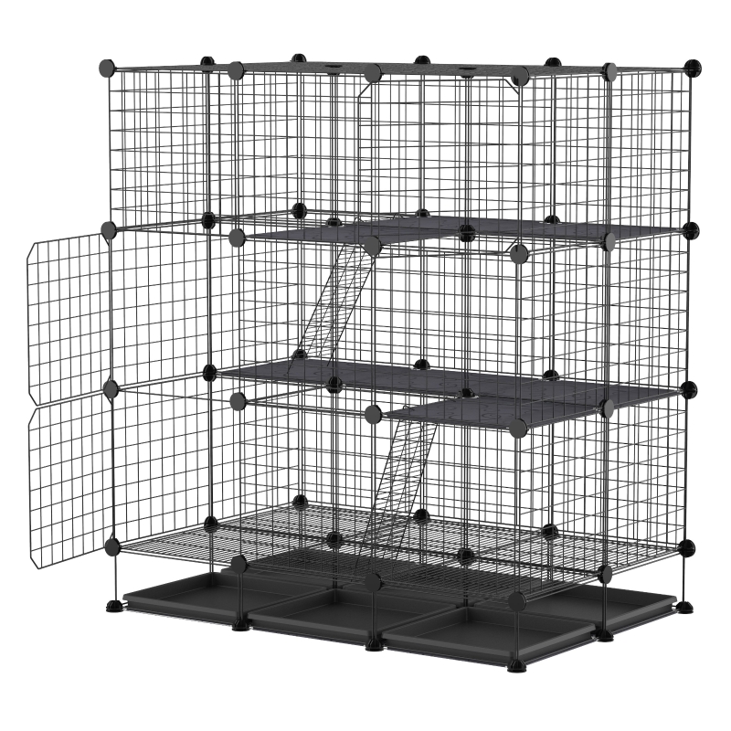 PawHut Valla Metálica para Paqueños Animales Montaje DIY Parque Desmontable con 3 Niveles 4 Puertas Grandes 6 Bandejas Extraíbles 111x75x119 cm Negro