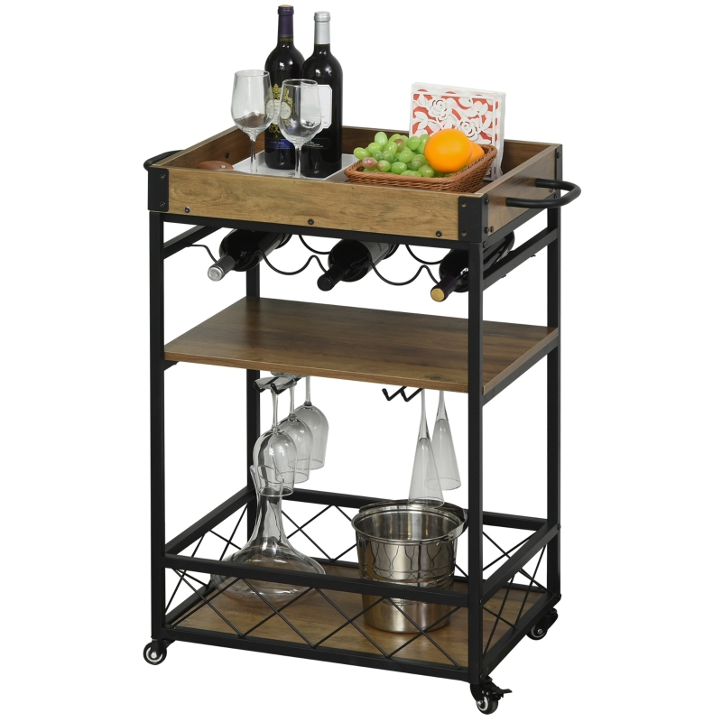 HOMCOM Carro de Cocina Carrito de Servicio Móvil Multiusos con 3 Estantes Bandeja Botellero Soporte Copas y barra para Comedor 77x44,5x91 cm Madera Rústica