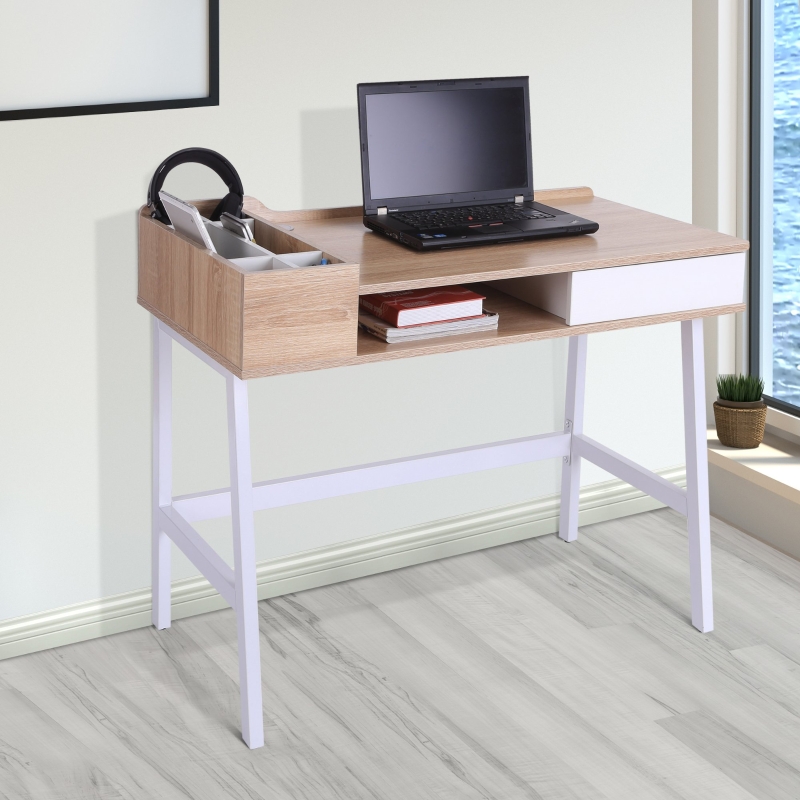 HOMCOM Mesa de Ordenador Escritorio para Computadora con Cajón de Madera MDF y Metal 100x55x81,5cm Roble y Blanco