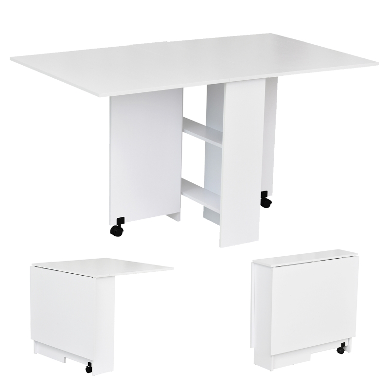 HOMCOM Mesa de Comedor Plegable Mesa de Madera con 2 Solapas 2 Estantes de Almacenaje y Ruedas para Cocina 80x140x74 cm Blanco