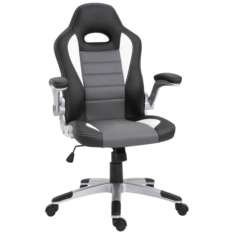 HOMCOM Silla de Oficina Ergonómica Silla de Escritorio Ajustable en Altura Reposabrazos Abatibles con 5 Ruedas Cuero Sintético PU Carga 120 kg 65x69x112-122 cm Gris