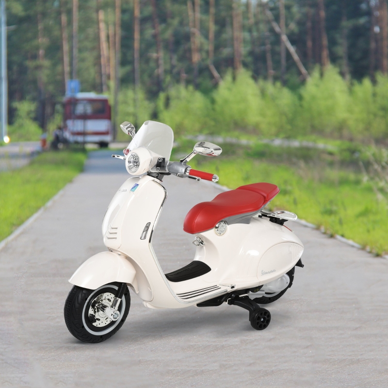 HomCom® Moto Eléctrica Vespa Faros Música 2 Ruedas Auxiliares para Niños Mayores de 3 Años Motocicleta Infantil Autorizada 108x49x75 cm Blanco