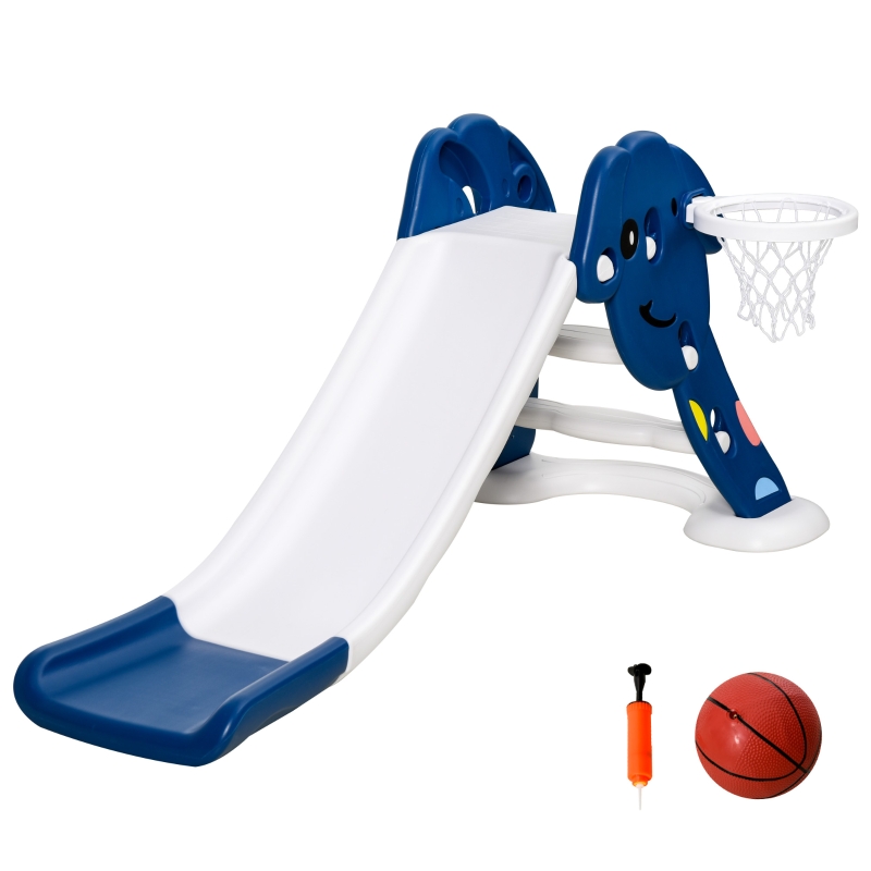 HOMCOM Tobogán Infantil con Canasta de Baloncesto para Niños de +2 Años Juguete Interior y Exterior Carga 25 kg Accesorios Incluidos 160x35x68 cm Azul y Blanco